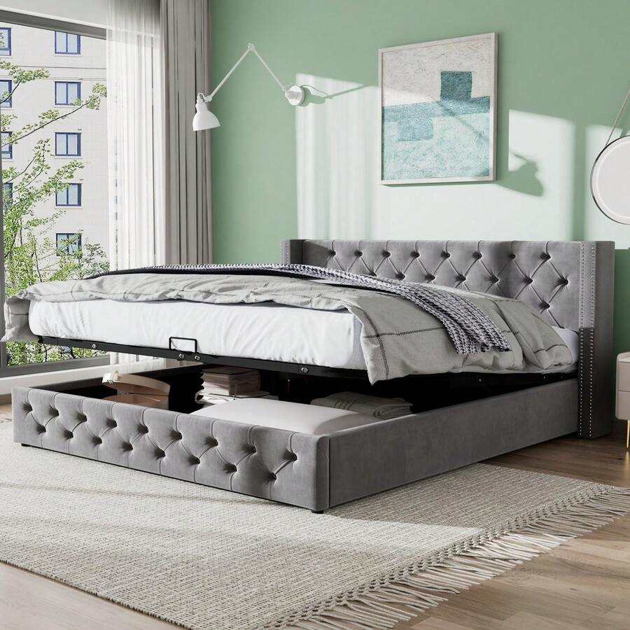 Pillow-Shaped Padded Bed, Double Flannel Rivets, Sewn Eyelet, 140*190 Double Bed With Hydraulic Function, Waterproof Non-Woven Fabric Bed Base In Black And Gray - Grey + Velvet + 140cm*190cm - View 1