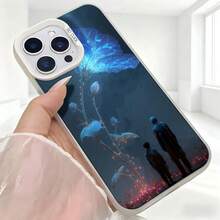 Cubierta de teléfono con diseño de flores luminosas y siluetas en azul oscuro para iPhone 14 Pro Max protector de pantalla con estética mágica ideal para uso diario en cafeterías y salidas urbanas - Negro - Ver 5