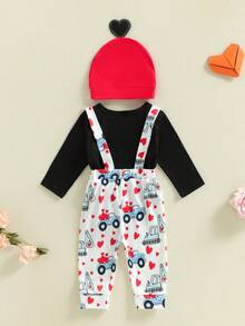 Conjunto de bebé para San Valentín: mono de manga larga con estampado de letras, pantalones con tirantes y gorro con estampado de corazones. - Negro - Ver 7