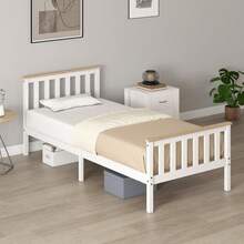 HOMCOM Single Bed Frame, Wooden Bed Frame, Low Storage, Natural Wood, White