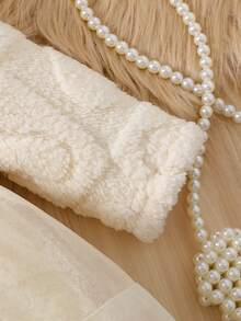 女婴可爱纯色仿毛领长袖双蝴蝶结装饰花卉网纱单排扣开衫，时尚百搭的中长款保暖外套，适合秋冬季日常、聚会、外出等场合。 - 杏色 - 查看 4