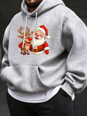 1pc Plus Size Men Santa Claus Print Thermal Lined Hooded Sweatshirt, Suitable For Christmas And Daily Wear, Autumn/Winter, Long Sleeve Top