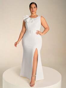 Fuaheng 不对称荷叶边无袖收腰开衩下摆晚礼服 - 白色 - 查看 1