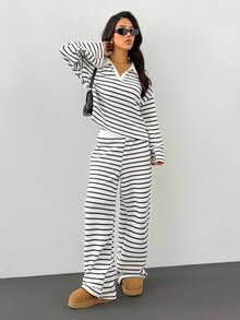 Women's 2pcs Set Loose Striped V-Neck Drop Shoulder Long Sleeve T-Shirt Top&Elastic Waist Striped Pants, Winter Sweater Suit ,Autumn/Winter Women Striped Lounge Set Two Pieces Pants Set, Women Two Pieces Set Casual Two Pieces Set Striped Two Pieces Set Comfortable Two Pieces Set Winter Clothes For Women Winter Outfit For Women Casual Women Outfits White Outfit For New Year's Eve