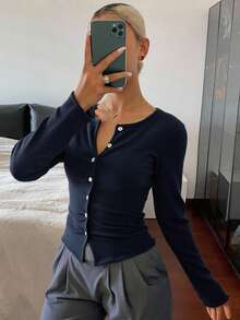 Livesso Áo khoác cardigan dáng ôm cổ tròn họa tiết gân đơn giản tay dài cho nữ, quần áo mùa thu cho nữ - Màu xanh hải quân - Xem 4