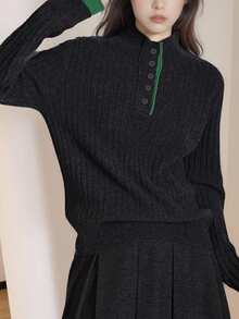 Alicedudu 女士秋冬简约撞色设计半拉链立领毛衣 - 深灰 - 查看 4