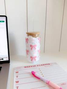 Pink Bow Matcha Coffee Glass Straw Cup, Iced Beverage Glass Straw Cup, Home Water Drinking Glass Cup, With Pink Bow Pattern Girly Glass Straw Cup - Multicolor - View 2