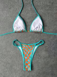 女士时尚性感吊带泳衣，格子印花比基尼套装，优雅夏季度假、派对、海滩假日装扮 - 藍橙 - 查看 2