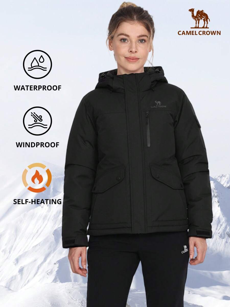 CAMEL CROWN 男士滑雪夹克冬季保暖雪地外套防水防风衣连帽工作外套单板滑雪夹克 - 黑色 - 查看 1