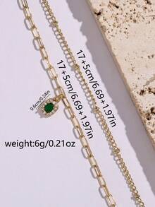 2件套奢华铜镶嵌方形绿色锆石吊坠手链，时尚双层腕饰 - 金黃色 - 查看 3