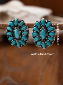 1 Pasang Anting Tusuk Perak Antik Gaya Barat dengan Batu Turkuois untuk Wanita - Anting-anting stud pirus perak retro gaya Barat - View 2