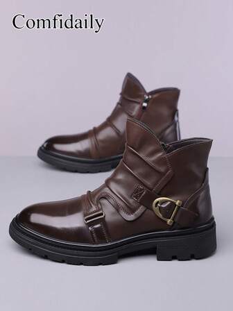Men's Winter New Leather Patchwork Buckle High-Top Boots, Casual Versatile Ankle Boots
