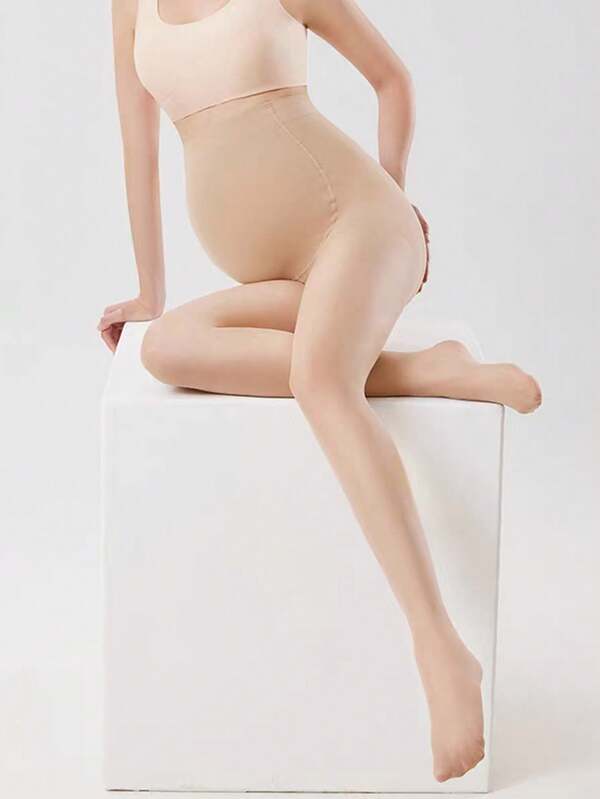 1 Pc Maternity Beige Pantyhose - Fashionable Minimalist Casual, Lightweight Breathable, With Adjustable Elastic Waistband