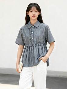 Contrast Color Checkered Ruffle Trim Button Front Blouse - Black - View 2