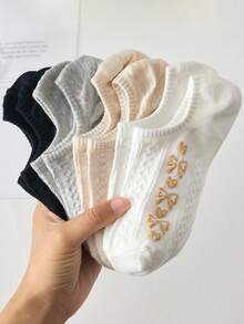 5双装女士短袜，黑白蝴蝶结设计，中筒袜，四季皆宜，颜色随机 - 彩色 - 查看 2