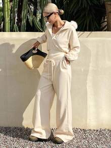 Livesso Damen Herbst Oversized Kapuzen-Sweatshirt mit Fellbesatz und weite Hose Lässig 2 Stücke Set Loungewear für Frauen - Schwarz - Übersicht 1