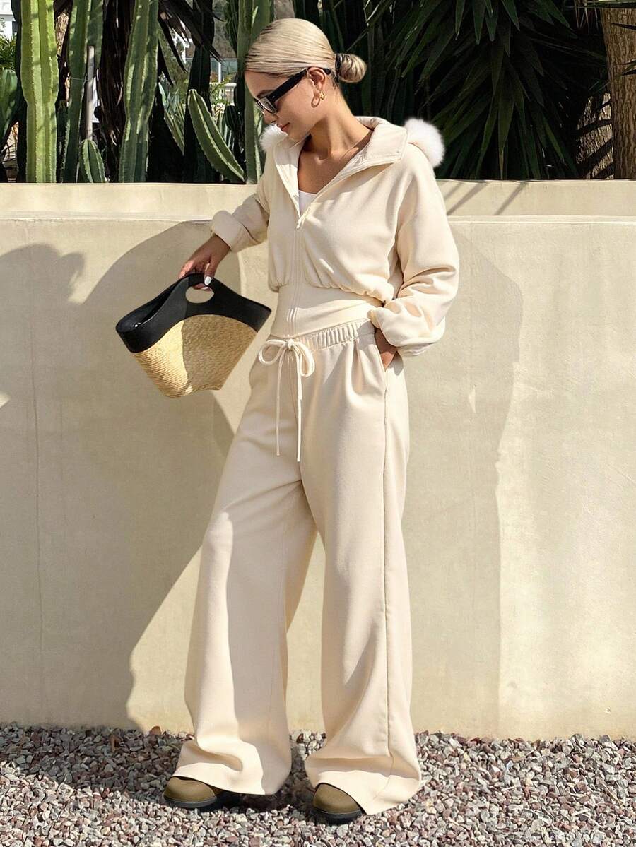 Livesso Damen Herbst Oversized Kapuzen-Sweatshirt mit Fellbesatz und weite Hose Lässig 2 Stücke Set Loungewear für Frauen - Schwarz - Übersicht 1