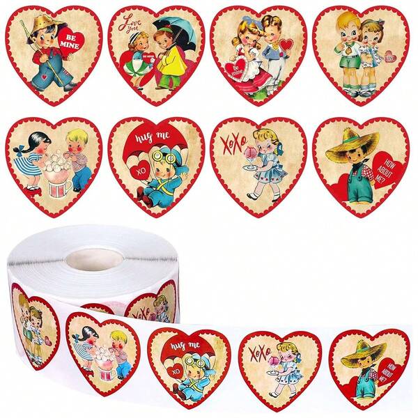500pcs/Roll, Happy Valentine's Day Stickers - Valentine's Day Heart Stickers, Valentine's Day Crafts Stickers, Cute Cartoon Character Confession Gifts Decoration, Saint Valentine's Day Classroom Decoration Stickers, Box Seal Sticker, Business Commodity Packaging Sealing Stickers