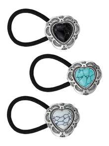 3pcs Zinc Alloy Western Cowboy Cowgirl Style Retro Elegant Turquoise Heart Agate Silvery-Decorated Hair Rope Rubber Band ,Ponytail ,Hair Elastics ,Scrunchies ,Elastic Hair Tie
