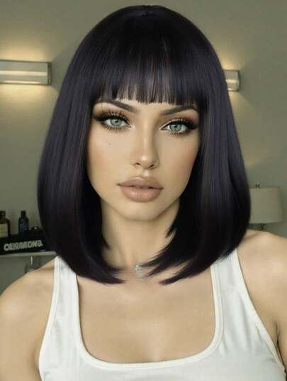12-Inch Women Short Black Tea Color Wig With Bangs, Shoulder Length Straight Hair, Suitable For Daily, Party And Holiday Occasions