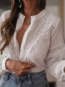 Áo kiểu nữ màu trắng trơn phối ren. - trắng - Xem 2