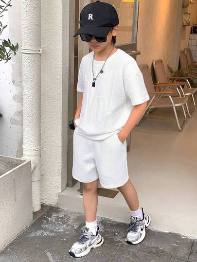 2件套/套 青少年男童简约T恤短裤套装，白色字母图案T恤和短裤，夏季