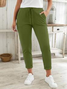 Quần dài nữ cỡ lớn CURVE+ mềm mại và co giãn, thích hợp cho mùa xuân, hè, thu, công sở, dáng ôm vừa vặn có túi, trang phục thể thao thời trang. - xanh quân đội - Xem 4