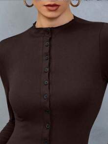 Áo thun nữ thanh lịch, cài cúc, màu trơn, kiểu dáng cổ điển, ôm sát, gợi cảm. - Cà phê nâu - Xem 6