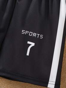 2pcs/Set Young Boy's Casual Sports Style Outfit, Black & White Contrast Color Block "SPORTS" Letter Striped Star Number "7" Graphic Round Neck Short Sleeve T-Shirt Paired With Loose Black Shorts, Football Uniform Set, Suitable For Outdoor, Back To School, Commute, Social Events, Spring/Summer