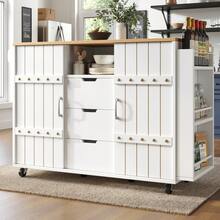 Kitchen Cabinet, Wood Grain Serving Cart, Kitchen Trolley With Wheels And Countertop, Kitchen Trolley With Spice Rack And Towel Rack, Kitchen Island With Sliding Doors And Drawers, White - White + MDF - View 5