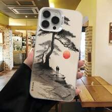 Carcasa para iPhone con diseño de árbol y sol rojo en estilo acuarela gris y blanco para uso diario en cafeterías - Blanco - Ver 7