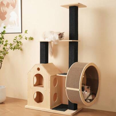 Arranhador em forma de árvore com 190 cm de altura, 4 plataformas e buracos para gatos - material para animais de estimação, folhas removíveis, MDF impermeável e resistente a arranhões - ideal para gatos se esconderem e escalarem.