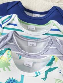 4pcs/Set Baby Boys' Cartoon Dinosaur & Wild Animal All-Over Print Round Neck Short Sleeve Bodysuit Outfit, Summer - Multicolor - View 3