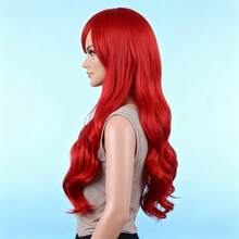 Peluca sintética roja larga y rizada de 28 pulgadas con flequillo, pieza completa para la cabeza de mujer - Rojo - Ver 4
