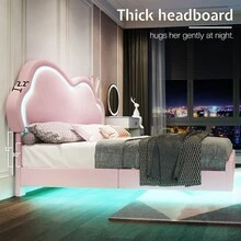 Floating Upholstered Bed Frame With LED Light, Cute Cloud Headboard For Girls, Sturdy Construction, Easy Assembly, No Box Spring Needed - Hồng - Xem 2
