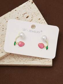 1 Pair Cute, Minimalist, Sweet Rose Flower Earrings, Korean/Japanese Style, Kawaii - Multicolor - View 2