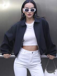 Women's Short Jacket, Long Sleeve Cropped Bomber Jacket, Black, Spring/Autumn - Black - View 4