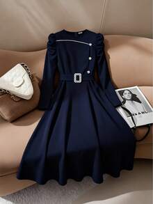 Plus Size Women's Navy A-Line Dress Round Neck Long Sleeve With Gold Button Work Business - 藏蓝色 - 查看 8