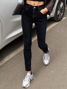 Livesso Damen Hohe Taille Skinny Jeans, dehnbare Slim Fit Thermofutter Jeans für Herbst/Winter mit Fleecefutter - Dunkelgrau - Übersicht 3