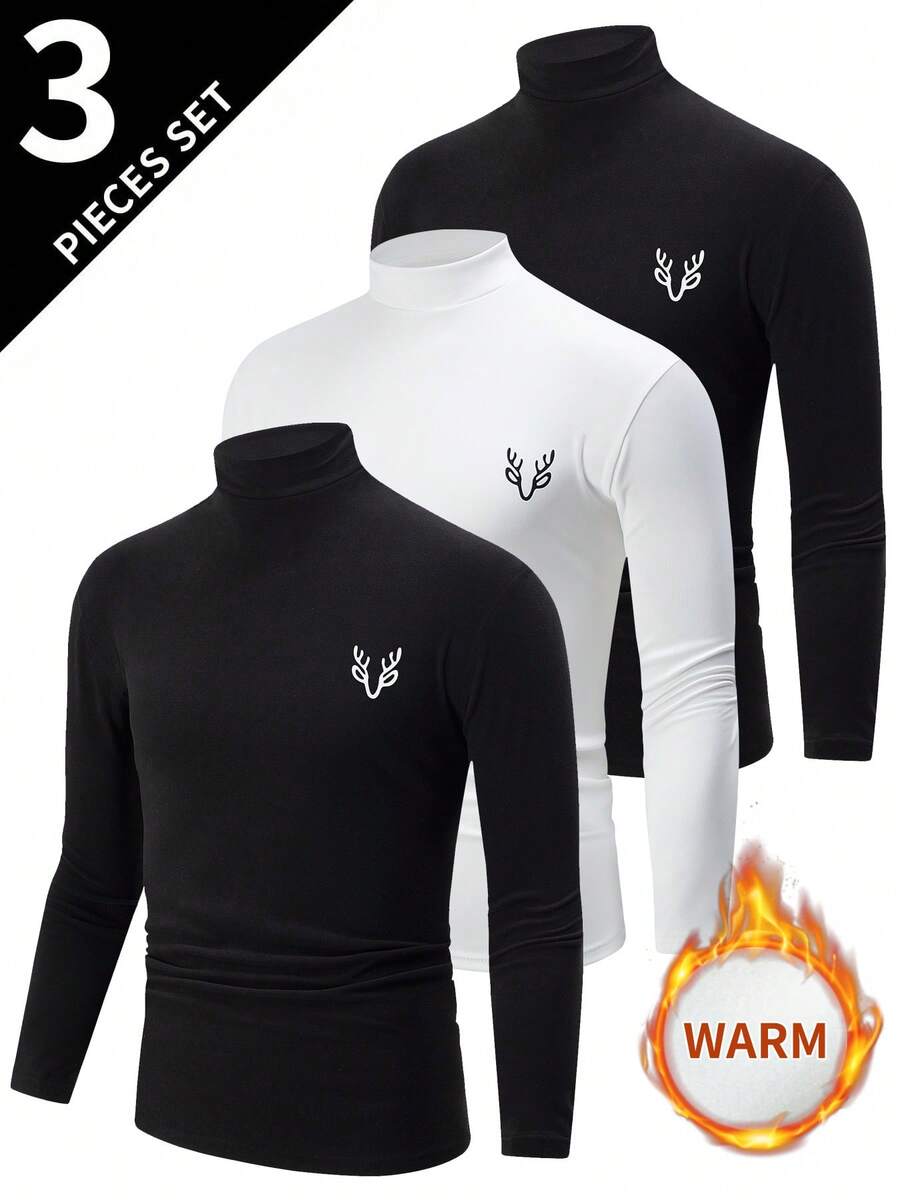 3 piezas/paquete Camisetas térmicas surtidas para hombres, camisetas de cuello alto de manga larga, sudaderas básicas casuales cálidas para otoño/invierno - Blanco y Negro - Ver 1