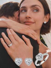 FOREVER QUEEN 一套925纯银时尚经典简约心形6毫米闪亮钻石戒指项链耳环三件套首饰套装，新娘礼物