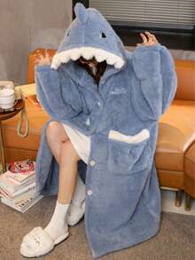 女士舒适珊瑚绒鲨鱼主题睡袍 - 可爱（睡袍+裤子），女士睡袍，大码睡袍，加厚保暖冬季家居服，带口袋，柔软法兰绒，圣诞节必备，温暖舒适，送给女孩、女士、家人、朋友和女朋友的最佳礼物，圣诞礼物，新年礼物 - 彩色 - 查看 2