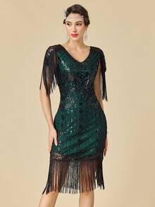 1920年代《了不起的盖茨比》风格女式连衣裙，复古长流苏连衣裙，咆哮的二十年代亮片串珠连衣裙 - 綠色 - 查看 5