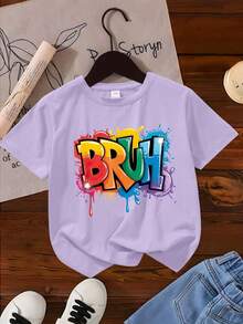Teen Girls Graffiti Letter Print Short Sleeve T-Shirt, Casual Fashion Girls Clothing - Mauve Purple - View 3