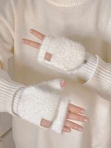 1双2025新款冬季露指翻盖半指手套白色蓬松女士加厚保暖手套适合学生骑行和触摸屏 - 彩色 - 查看 1