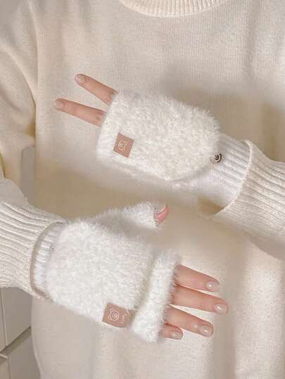 1双2025新款冬季露指翻盖半指手套白色蓬松女士加厚保暖手套适合学生骑行和触摸屏