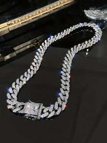 1 件钻石形全水钻时尚闪亮链项链，男女通用嘻哈百搭夏季手链项链，日常佩戴珠宝 - 鏈條 - 查看 5