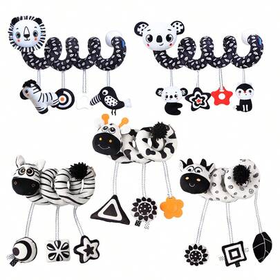 Infant High Contrast Black & White Spiral Stroller Toy & Car Seat Toy - Plush Animal Sensory Development & Crib Activity Toys - Soft & Educational