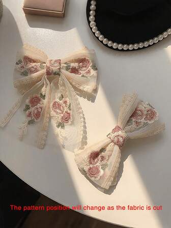 2pcs/1pc Ivory Lace Embroidered Rose Flower Bow Hair Clips, Long Ribbon Spring Clamp Headpiece, Suitable For Ponytail, High Ponytail, Mother's Day, Back To School, Easter, Holidays, Women Daily Hair Accessories