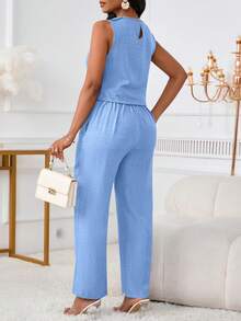 2pcs Women Casual Elegant Sleeveless Top & Slant Pocket Button Detail Long Pants Set Summer - Light Blue - View 4
